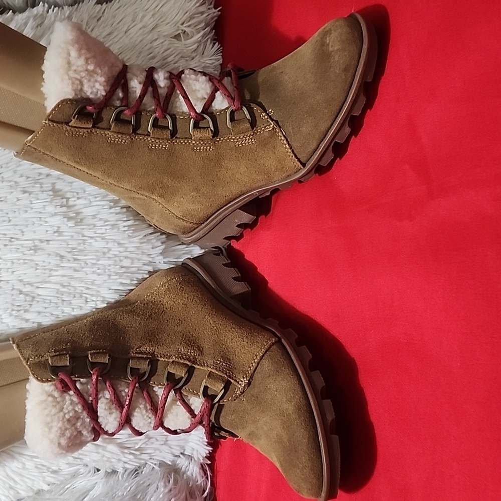 Sorel Tan Suede Lace-Up Winter Boots with Shearling Cuff